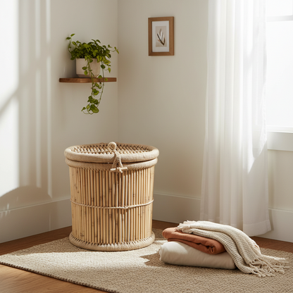 Wicker laundry basket with folded clothes on a rug in a bright room.