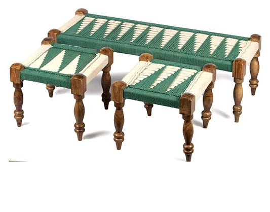 Handcrafted Wooden Rope Bench Set with 2 Stools – Green & White Weave