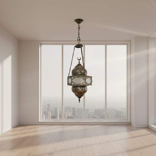 Decorative hanging lantern with intricate design on a white background