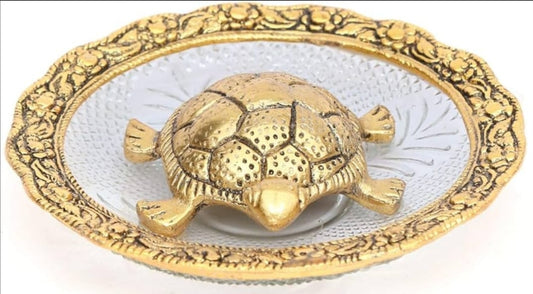 Metal Feng Shui Tortoise on Plate with Luxury Bellbet (3 × 5.5 Inch)