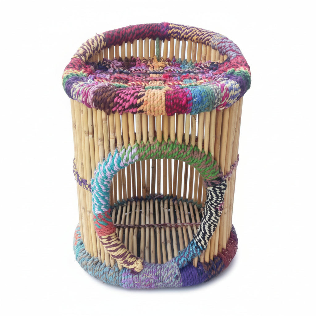 Woven basket with colorful lid on a gray surface