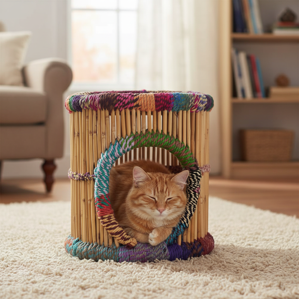 Cat lounging inside a colorful cat house on a carpeted floor.