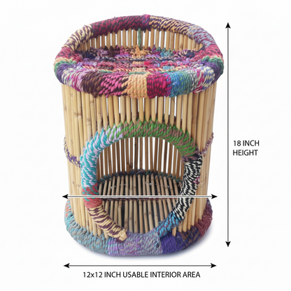 Multicolored cat tree with dimensions on a white background