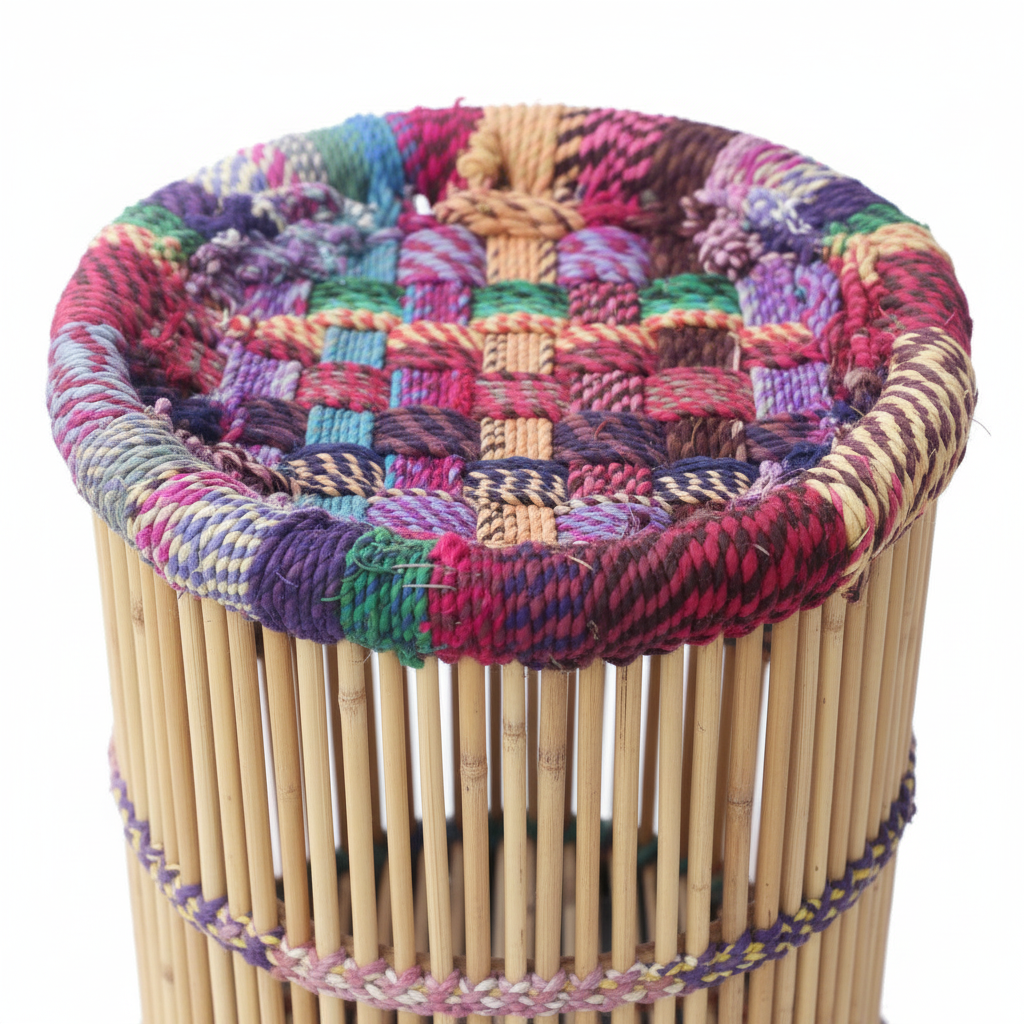 Multicolored woven mudda with a natural bamboo base on a white background