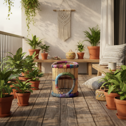 Decorative cat tree with colorful rings on a wooden deck with potted plants and a macrame wall hanging.