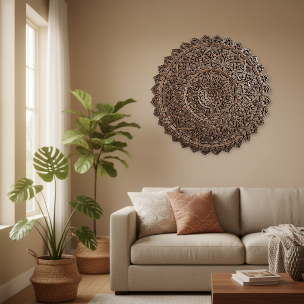 Living room with a beige sofa, decorative wall art, and potted plants.