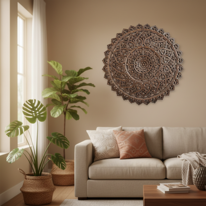 Living room with a beige sofa, decorative wall art, and potted plants.