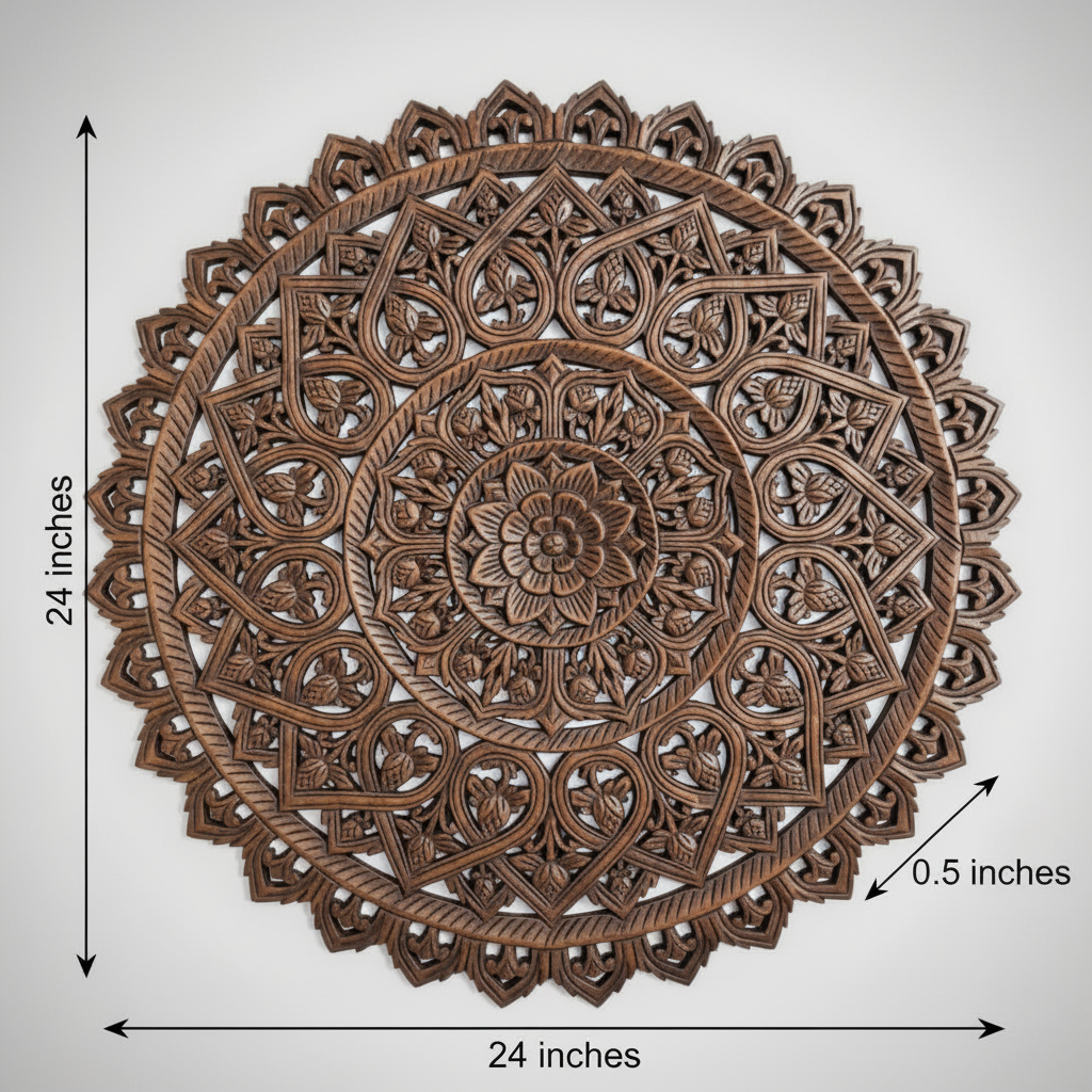 Decorative wooden wall art with intricate patterns and measurements on a white background