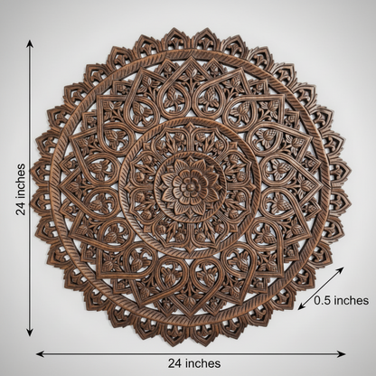 Decorative wooden wall art with intricate patterns and measurements on a white background