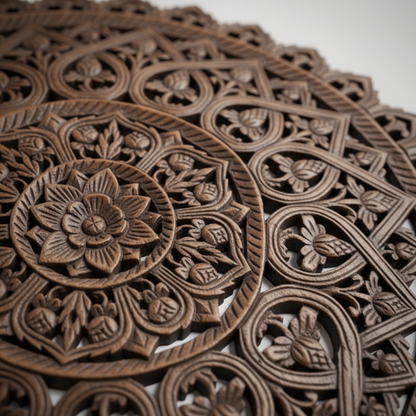 Close-up of intricately carved wooden panels with floral patterns.