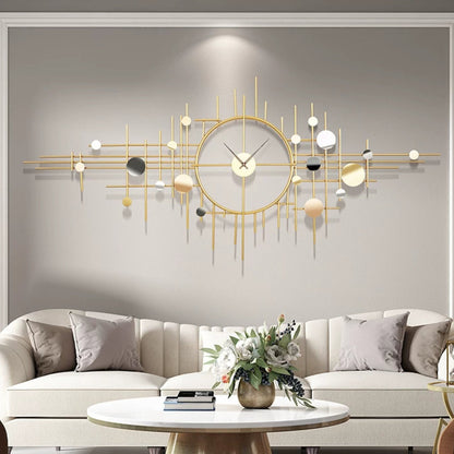 Decorative wall clock with gold accents in a living room setting.