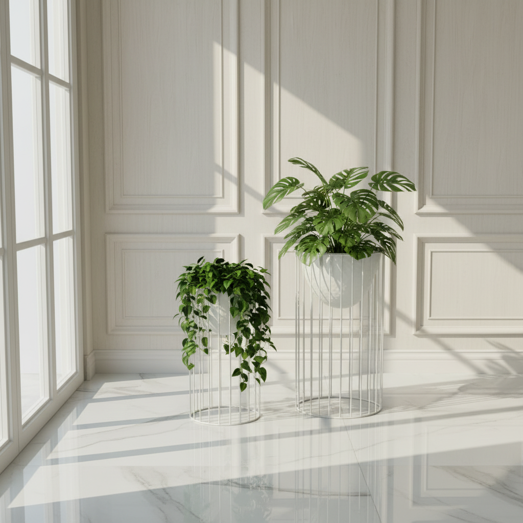 Two potted plants in wire stands on a marble floor with large windows allowing natural light to fill the room.