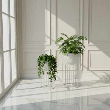 Two potted plants in wire stands on a marble floor with large windows allowing natural light to fill the room.