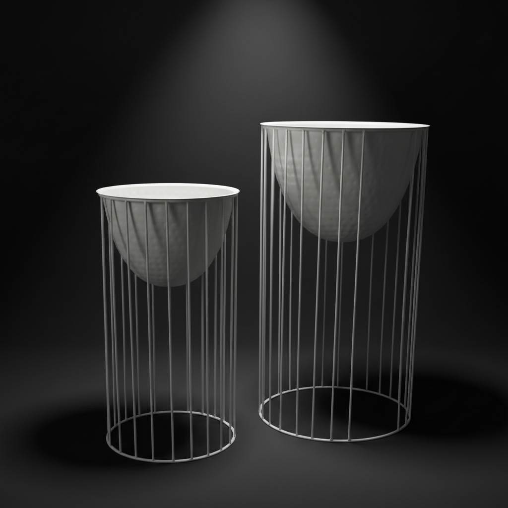 Two cylindrical wire mesh stands with round bases on a black background