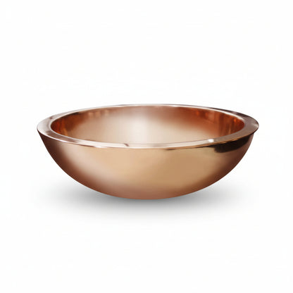 Copper bowls on a white background with a close-up of a single copper bowl.