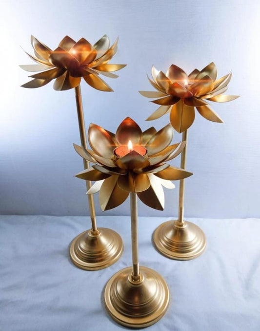 Flower Pattern Urli Candle Stand With Floating Diya | Urli Bowl Tealight Holder Stand For Diwali, Home Puja Decor Set Of 3