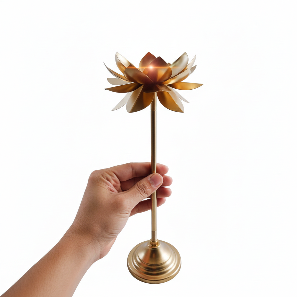 Hand holding a gold lotus flower-shaped candle holder on a white background