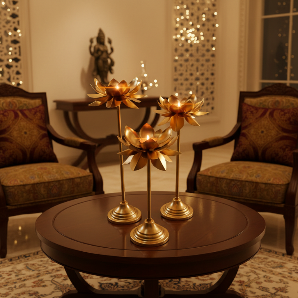 Three gold lotus flower candle holders on a centre table