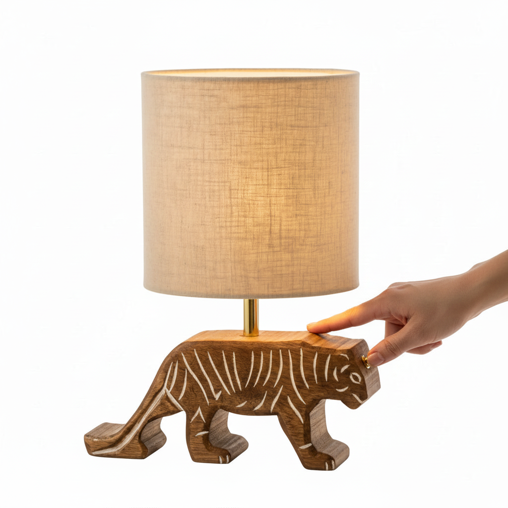Tiger Handcarved Wooden Table Lamp