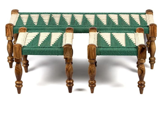 Handcrafted Wooden Rope Bench Set with 2 Stools – Green & White Weave