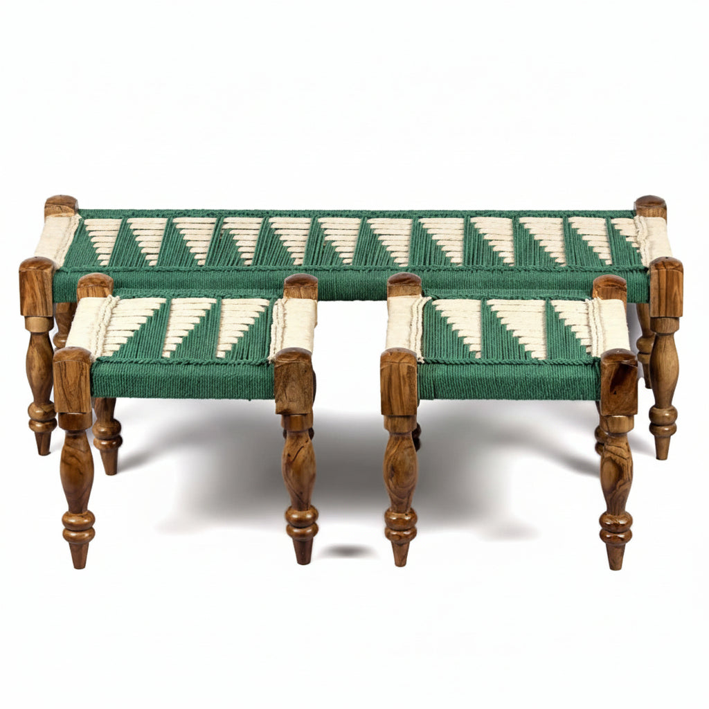Woven bench with green and white pattern on a white background
