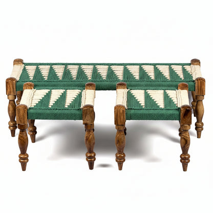 Woven bench with green and white pattern on a white background