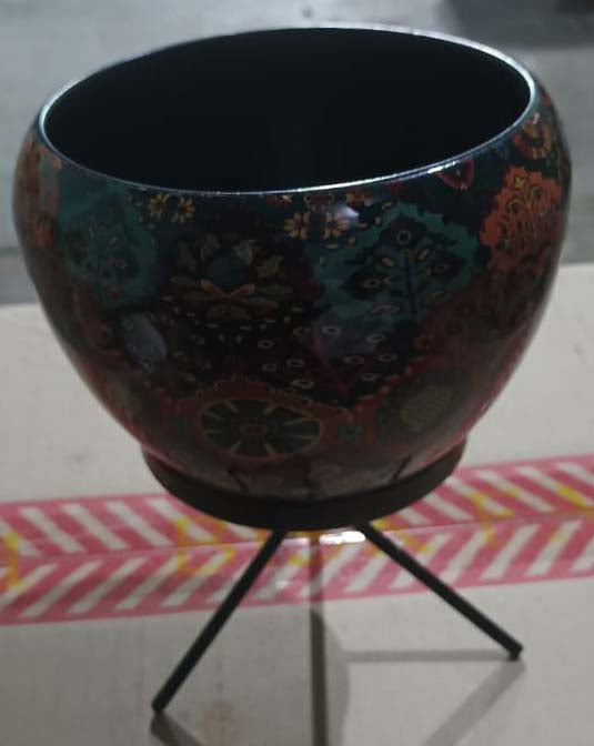 Designer Metal Bowl Planter – 8x8 Inch Multicolour with Black Stand