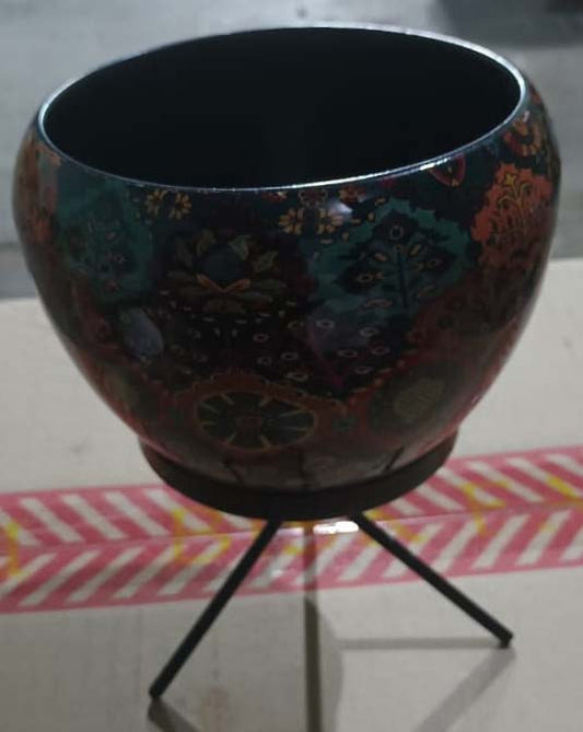 Designer Metal Bowl Planter – 8x8 Inch Multicolour with Black Stand