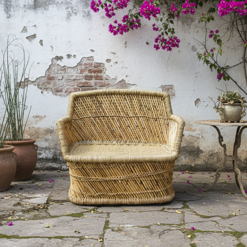Wicker chair and table set against a textured wall with plants and flowers.