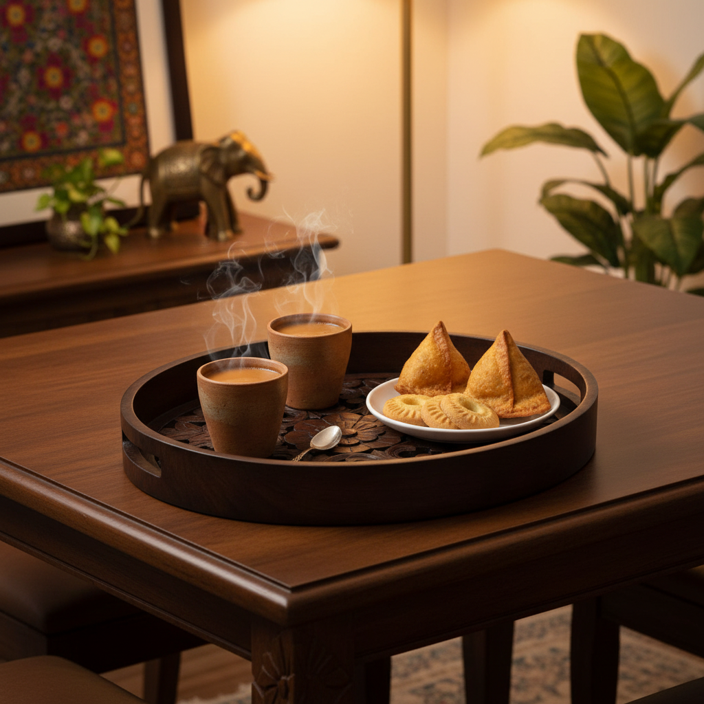 Two cups of steaming tea with samosas on a decorative tray on a wooden table.