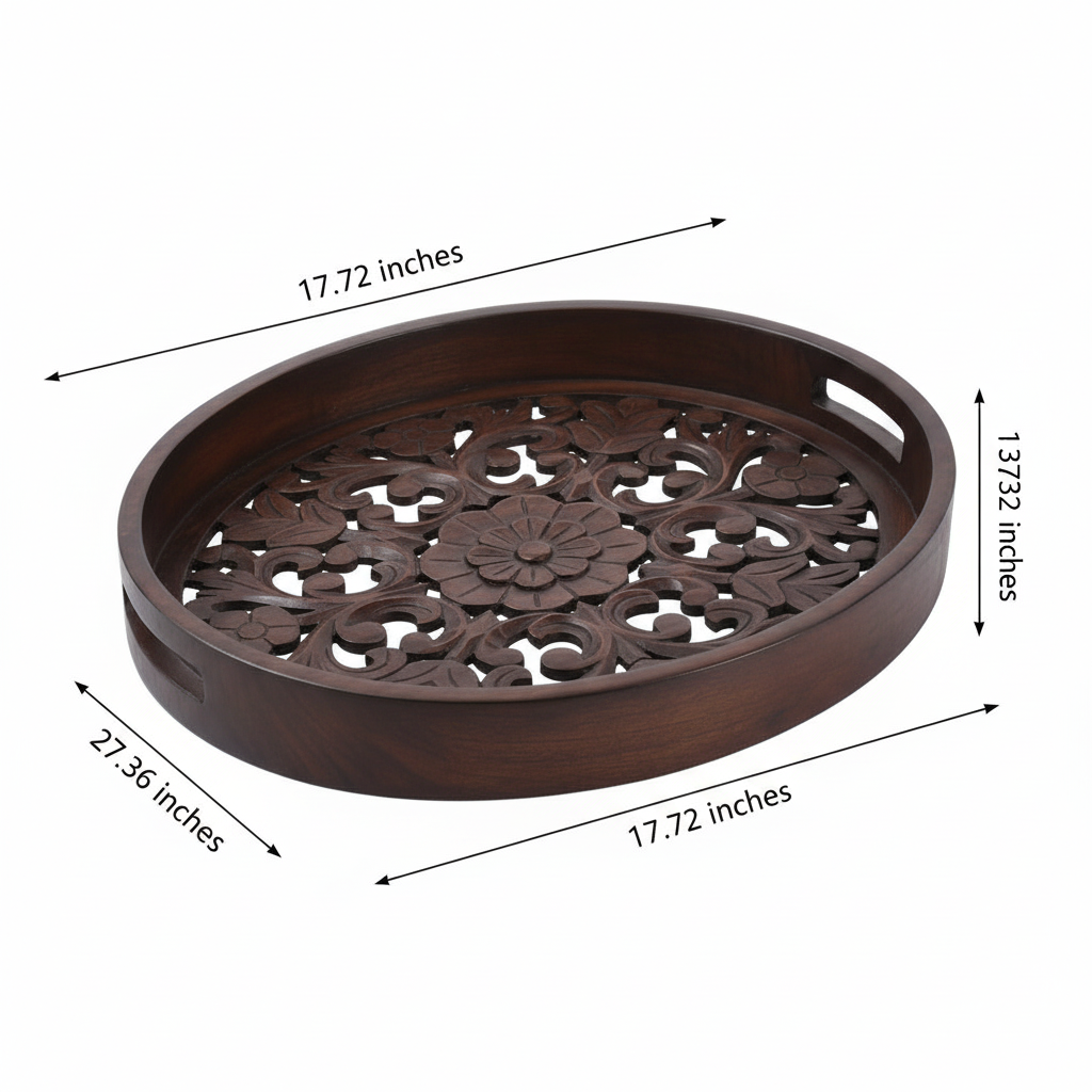 Wooden decorative tray with intricate carvings and measurements on a white background