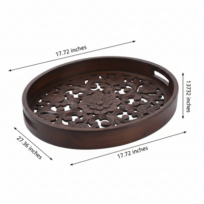 Wooden decorative tray with intricate carvings and measurements on a white background