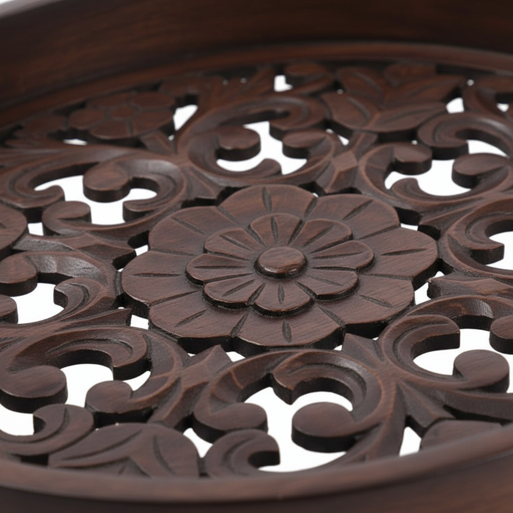 Close-up of a wooden decorative panel with intricate carvings on a white background