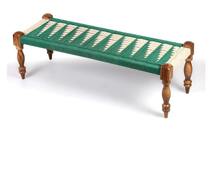 Handcrafted Wooden Rope Bench Set with 2 Stools – Green & White Weave