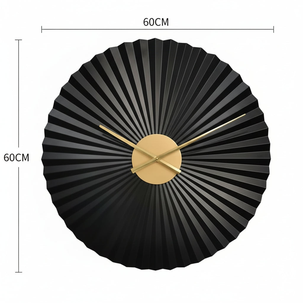 Black wall clock with gold accents and measurements on a white background