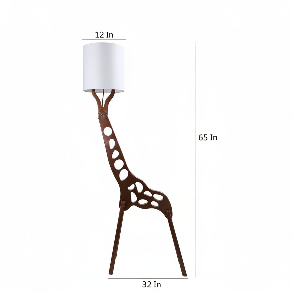 Giraffe-shaped floor lamp with dimensions labeled on a white background