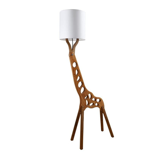 Giraffe-shaped floor lamp with a white lampshade on a white background