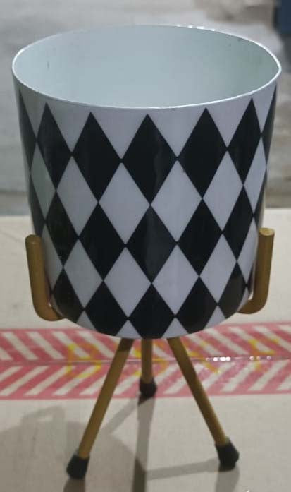 Designer Metal Bowl Planter – Black & White 8x8 Inch with Golden Stand