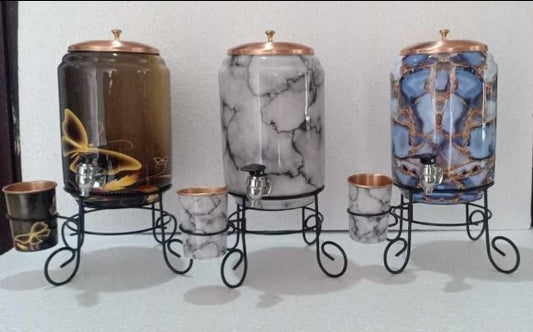 Printed Copper Water Dispenser (Matka) with Glass & Stand – 5 Litre
