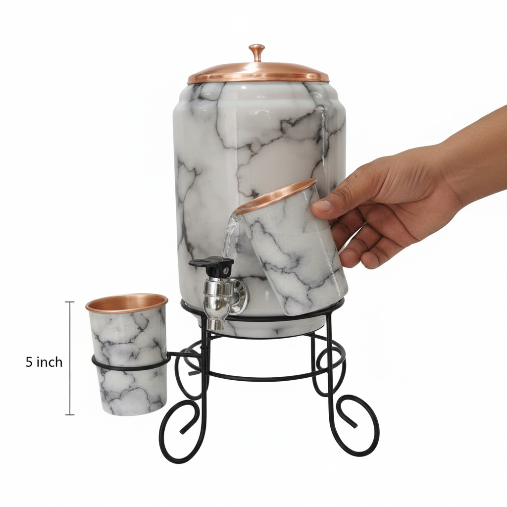 Marble-patterned drink dispenser with cups on a stand, hand holding a cup.