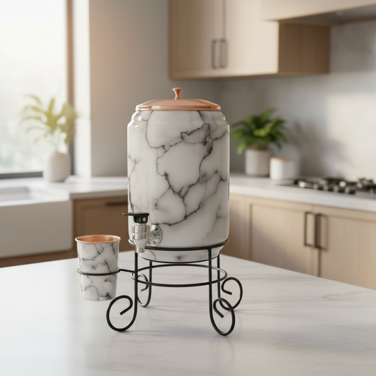 Marble-patterned drink dispenser with cups on a kitchen counter