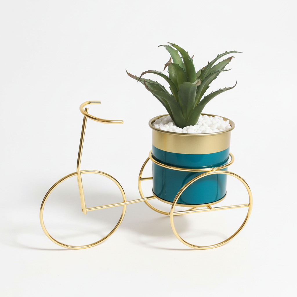 Potted plant in a decorative gold bike stand on a textured white surface