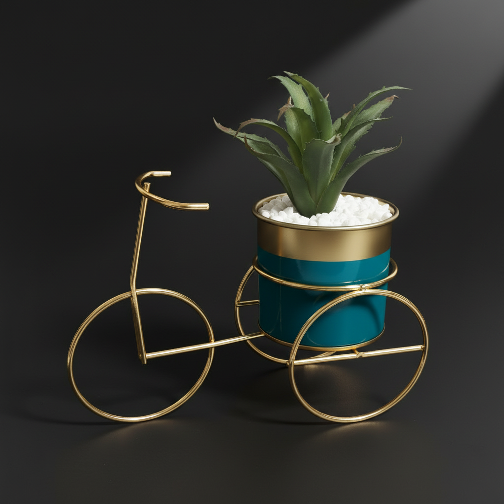 Decorative plant holder shaped like a bicycle with a teal pot and gold frame on a dark background