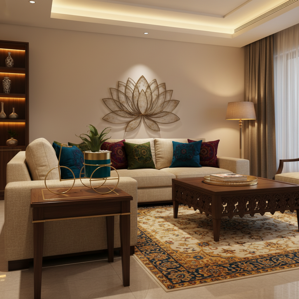 Modern living room with a decorative wall piece, sofa, and coffee table.