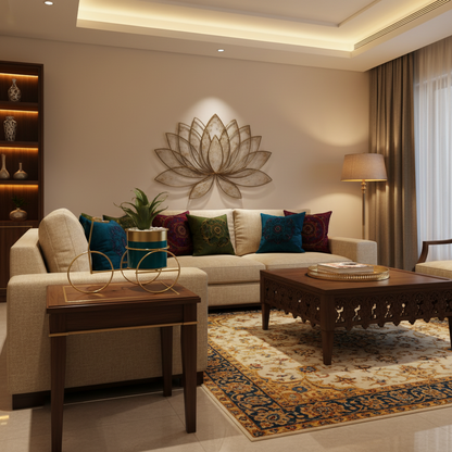 Modern living room with a decorative wall piece, sofa, and coffee table.