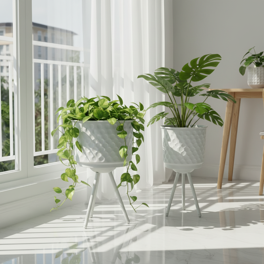 Indoor plants in white pots on a sunny day with large windows.