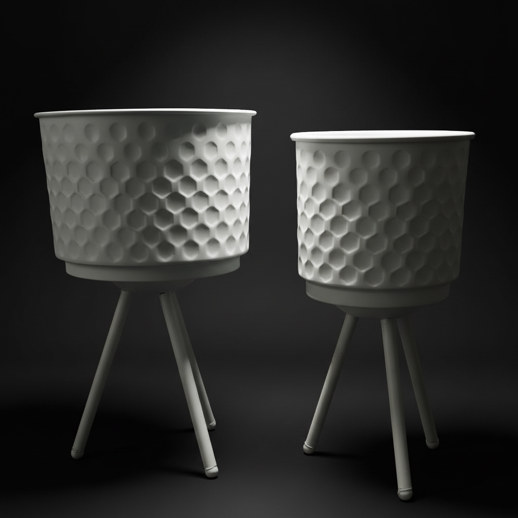 Two white textured planters with legs on a black background