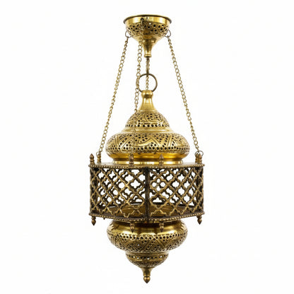 Decorative gold lantern with intricate designs on a white background