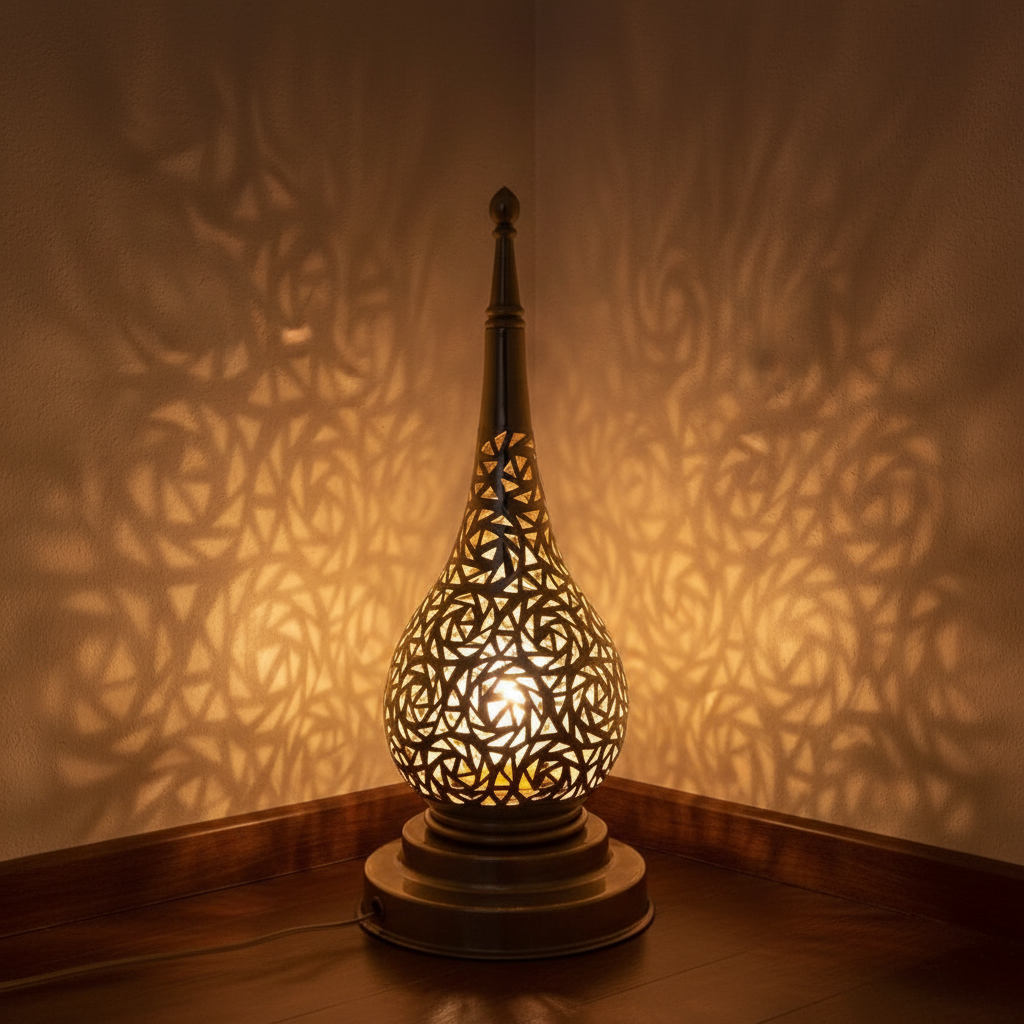 Decorative lamp casting intricate shadows on a wall