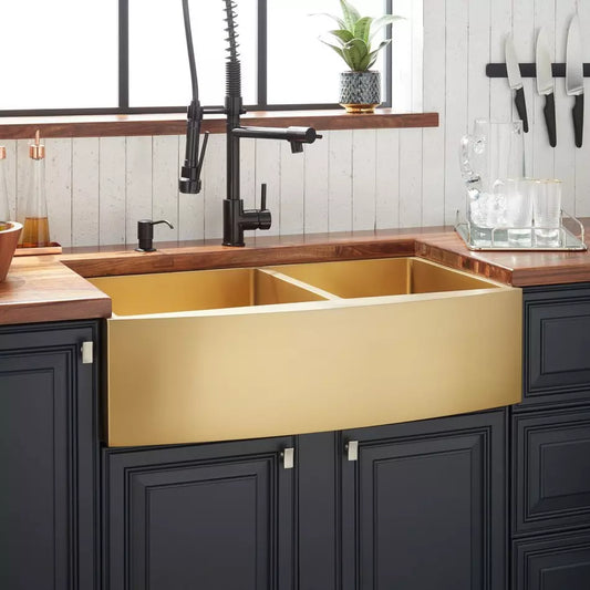 33" Atlas Double-Bowl Farmhouse Sink – Curved Apron, Matte Gold